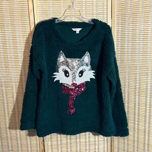 Time and Tru Green Fuzzy Fleece Sweater Sequin Fox Head Christmas Holiday Large